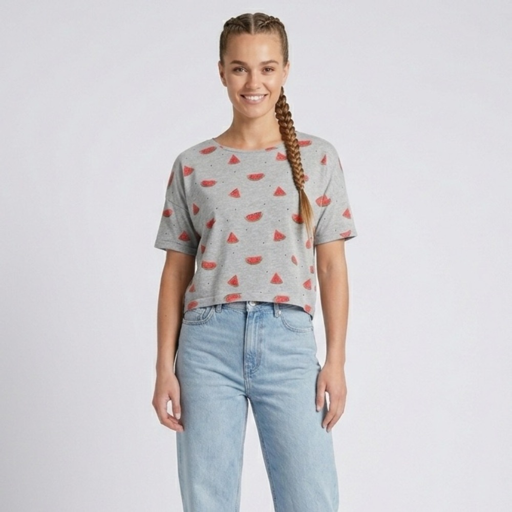 050 TOM TAILOR Women's Short Sleeve Oversized Cotton Watermelon Tee, Grey, Small